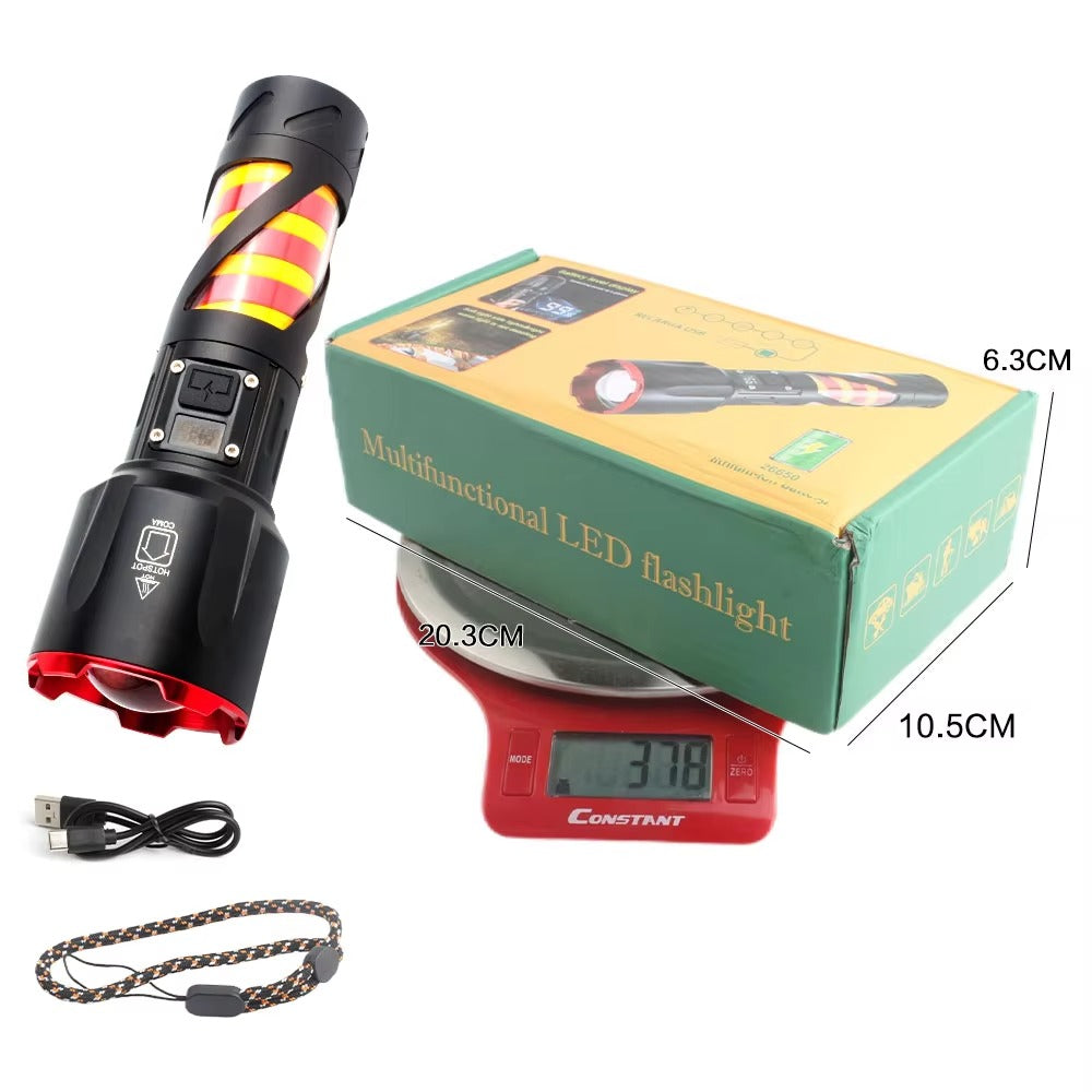 Long Range LED Rechargeable Flashlight – 26650 Battery, Power Bank Function, Battery Level Display, Zoom